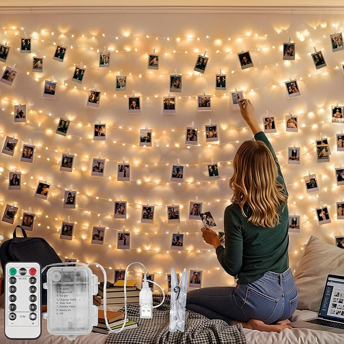 Photo Clip String Lights 33FT 100 LED Fairy Lights Bedroom Dorm | 45 clear clips, remote, USB and battery powered design. Perfect for bedroom, dorm, party and memory wall decor