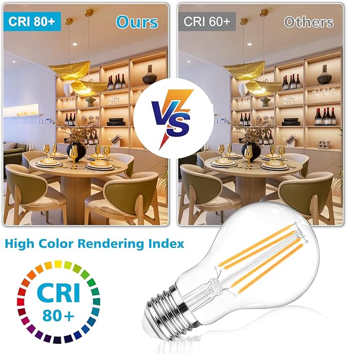 Ascher 60 Watt Equivalent, E26 LED Filament Light Bulbs, Warm White 2700K, Non-Dimmable, Classic Clear Glass, A19 LED Light Bulb with 80 CRI, Pack of 6