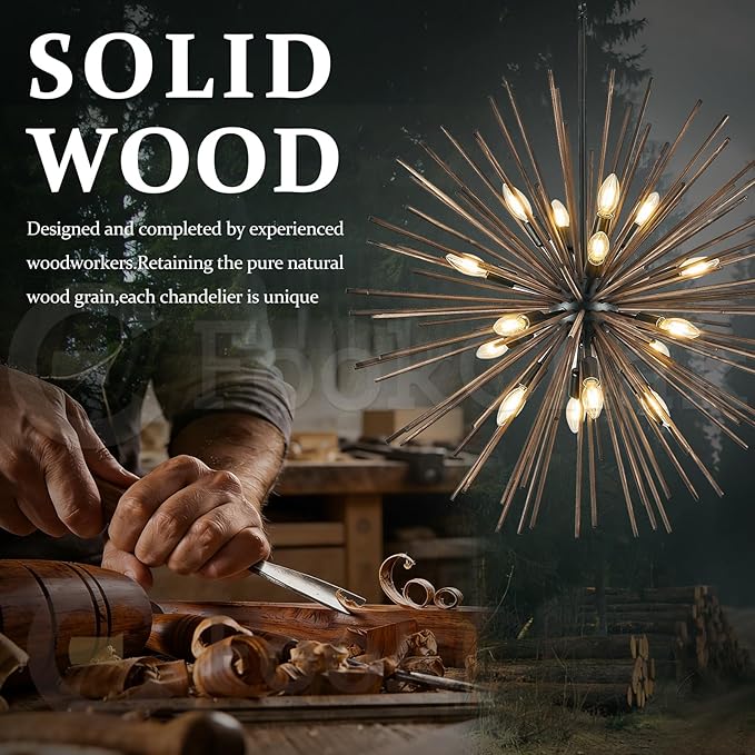 Large Wood Sputnik Chandeliers 16 Light Starburst Chandelier Light Fixture Solid Wood Farmhouse Black Satellite Light Fixture for Dining Room Foyer Living Room 32in
