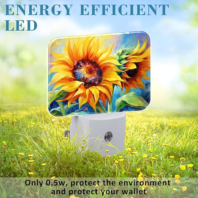 Sunflower Modern Art Painting Plug in Night Lights, Sunflower Nightlight Plug Into Wall Dusk to Dawn Sensor for Kid Girls Boys Women Men Bedroom, Hallway, Kitchen, Bathroom, Stairs Decor