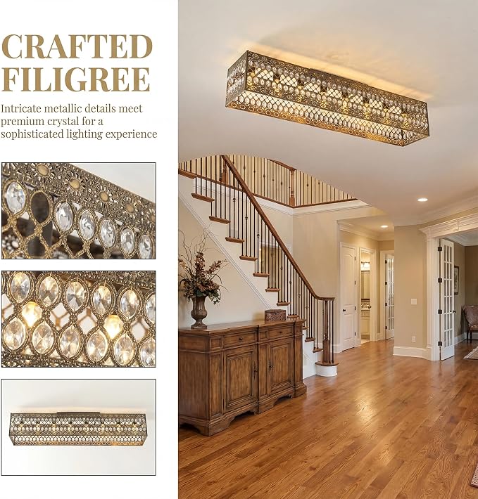 Garwarm 48 Inch Crystal Chandelier, 8-Light Rectangular Ceiling Light | Vintage Antique Copper Gold Flush Mount Dining Room Fixture for Long Tables, Kitchen Islands, Living Rooms and Large Spaces