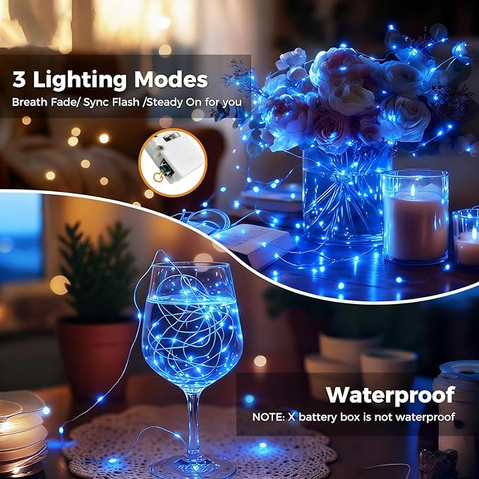 litogo 6 Pack Blue Fairy Lights Battery Operated with Timer, 20 LED 3 Modes Twinkle Light, 7ft Waterproof Silver Wire Mini Small Bulk Mason Jar String Light, Decor for Wedding Party Christmas
