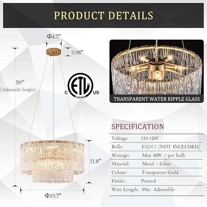 Modern Gold Chandeliers,20” Crystal Glass Pendant Ceiling Light Fixtures 7-Light Round Chandelier Luxury 2 Tiers Hanging Chandelier for Dining Room Foyer Living Room Bedroom