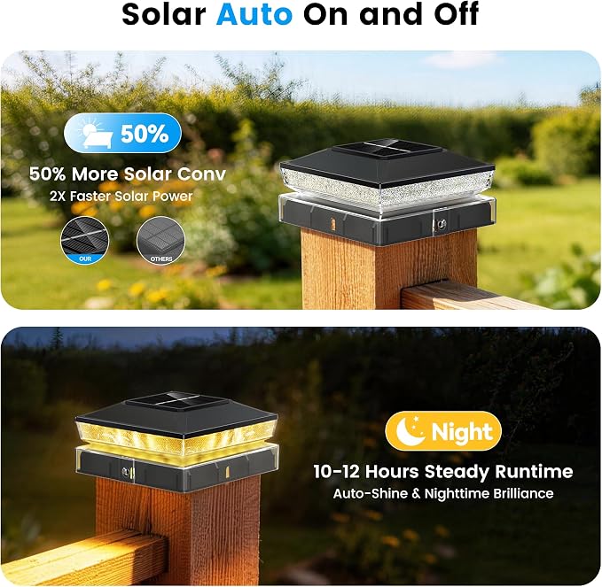 Solar Post Cap Lights 2 Pack, Post Lights for 4x4 Wood/Vinyl Posts | 4x4 Fence Post Solar Lights, IP65 Waterproof, 10-12 Hours Upgraded Warm/Cool White Glow for Garden/Patio/Porch - Inky Black
