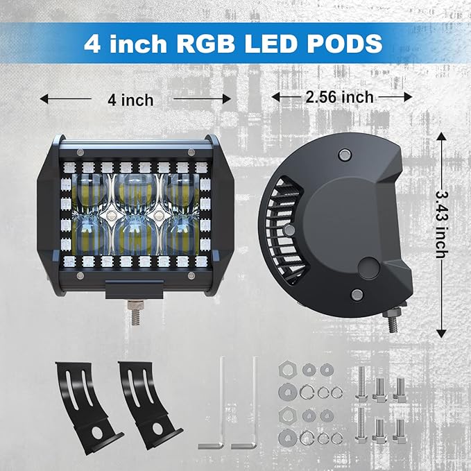 Lpteso 4PCS 4" inch LED Flood Work Light Bar with Multi-Color Chasing RGB Halo 16 Solid Colors Over 92 Flashing Modes Offroad Work Pods LED Driving Lamp Fog Lights with Switch and Wiring Harness