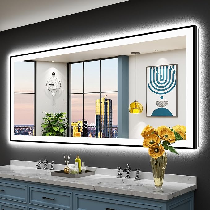 72x32 Black LED Bathroom Mirror, Backlit & Front Lit Lighted Mirror | Metal Framed Anti-Fog Vanity Mirror with Lights, 3 Color Dimmable, Memory, HD Tempered Glass, CRI95, UL Listed, Wall Mounted