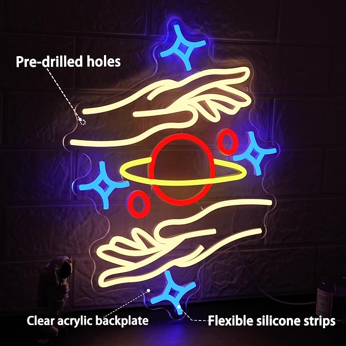 Holding the Galaxy Neon Sign for Wall Decor Dimmable Usb Powered Planet Led Sign 16.54’’*12.6’’ Moon Neon Light Adorable Led Star Sign for Bedroom Gaming Room Cafe Bar Party