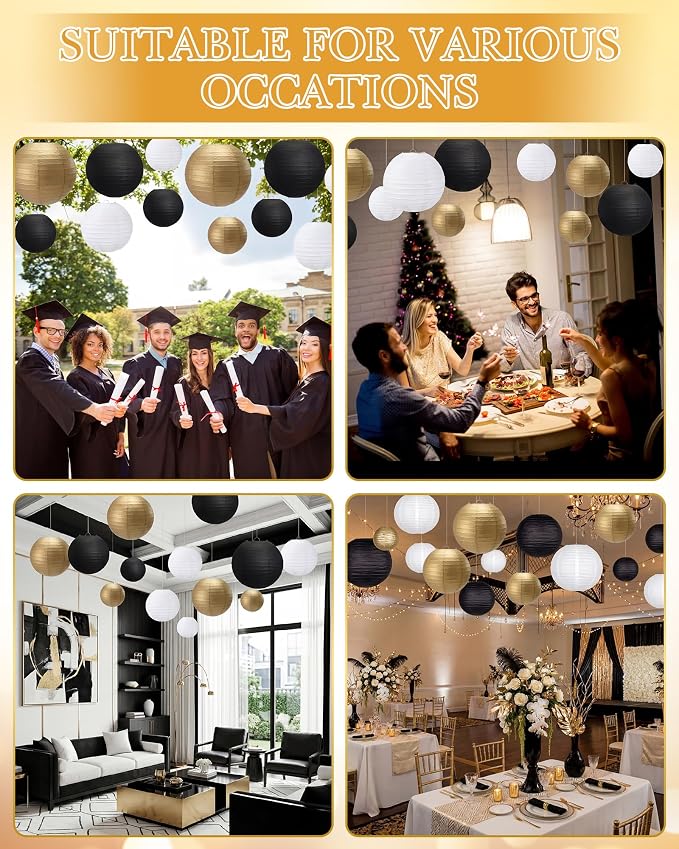 Treela 48 Pcs Paper Lanterns Party Decorations Round,Gold,Black,White