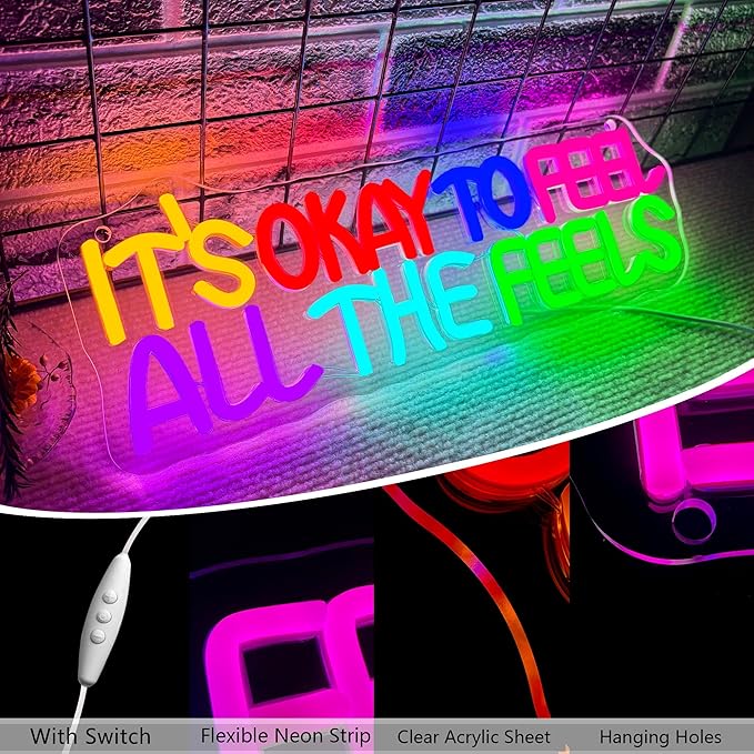 It's Okay To Feel All The Feels Neon Sign LED Wall Sign for Classroom Decor, Dimmable USB Powered Therapy Room Art Bedroom Classroom Backdrop Sign Gift for Teacher 15.7x5.5 Inch