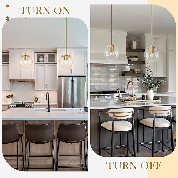 6" Globe Pendant Light Gold 2 Pack Mid Century Pendant Light Globe Pendant Lights Kitchen Island Brushed Brass Finished with Clear Glass Adjustable Ceiling Light Fixtures for Dining Room Bar