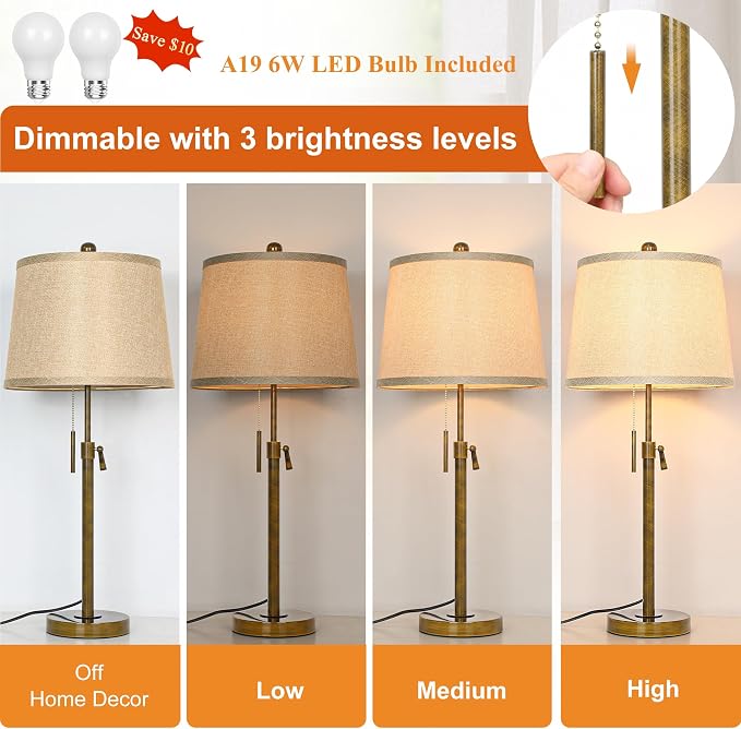 Antique Bronze Table Lamps Set of 2 Adjustable Height 22" to 30"Tall 3 Brightness Way Bedside Nightstand with Pull Chain Switch Pole Lights for Living Room Guest Bedroom End Table(Bulbs Included)