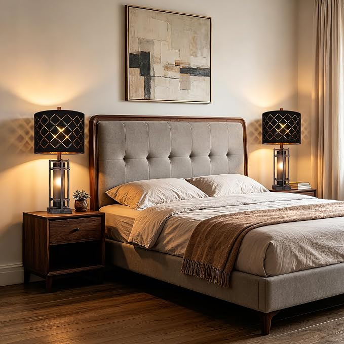 WIHTU 27'' Modern Table Lamp with Nightlight, Metal Bedside Lamps,Black ORB | Black Grid Shade, Square Base, LED Bulbs Included E26 Base, with USB Port, Rocker Switch, Desk Lamps for Living Room, Bedroom