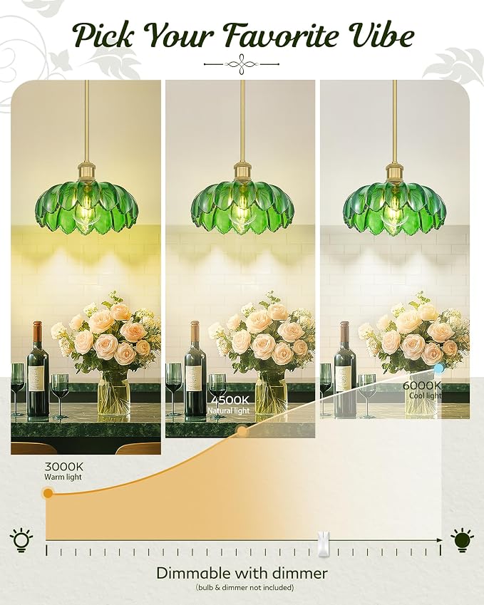 FEMILA Retro 10.4" Green Glass Pendant Light for Kitchen Island | Brushed gold floral vintage glass pendant lighting for kitchen sinks and foyers, E26 base, adjustable hanging height