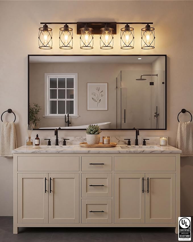 6-Light Oil Rubbed Bronze Bathroom Light Fixtures Over Mirror, 42" UL-Listed Modern Farmhouse Wall Sconce Lights with Clear Glass and Metal Cage for Bath, Hardwire E26, CH9176ORB-6W