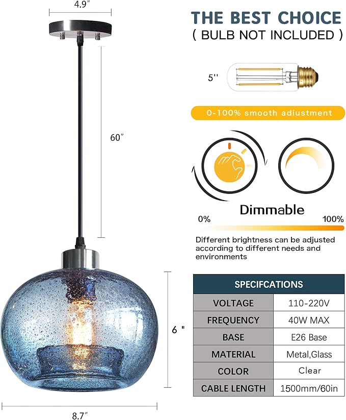 Blue Pendant Light, Hand Blown Glass,Brushed Nickel, 8.7 Inch | Modern Rustic Ceiling Hanging Fixtures Dimmable Kitchen Island Sink Foyer,Adjustable Cord ETL Certification