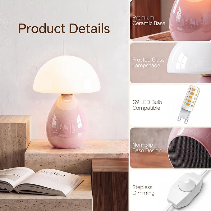 Mushroom Lamp Table Lamp for Bedroom,Ice Crackle Desk Lamp Bedside Small Lamps for Living Room Night Stands,Table Lamps Cute Modern Mid Century Lamps (Pink-Ice Crackle)