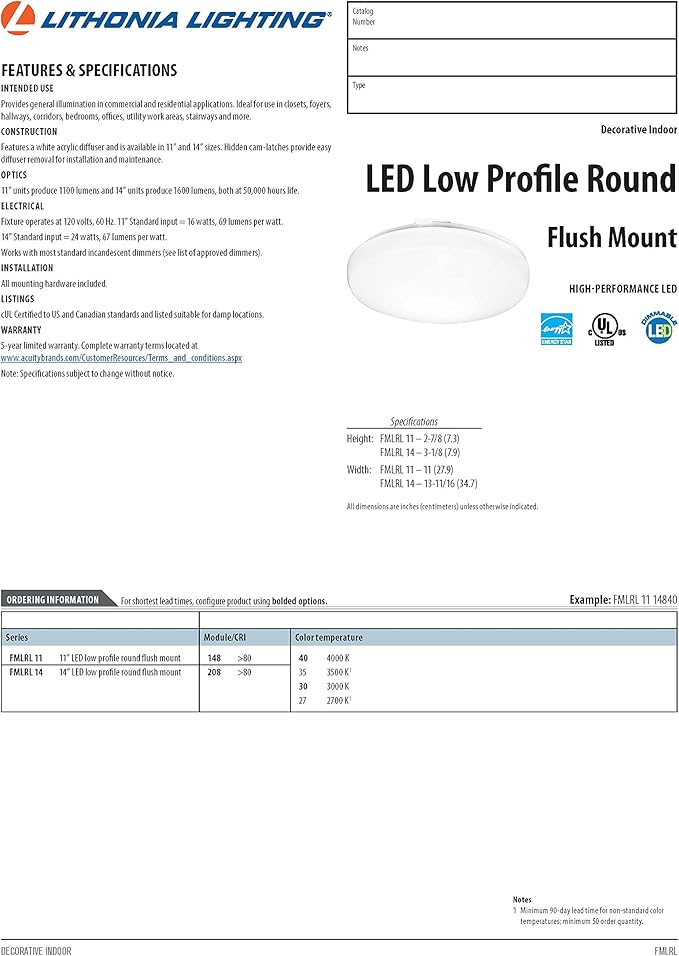 Lithonia Lighting FMLRL 11 14830 M4 11-Inch 3000K LED Low Profile Round Flush Mount