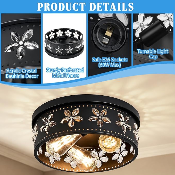 12.6 Inch Black Flush Mount Ceiling Light Fixture, 2 Pack | 3-Light, Flower, Farmhouse, Kitchen, Dining Room, Bedroom, Living Room, Foyer, Entryway