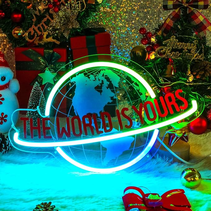 The World Is Yours Neon Sign, 7 RGB Color Planet LED Neon Light Lamp for Wall Decor, Man Cave Home Bar Bistro Club Cafe Wedding Game Room Bedroom Birthday Gift Graduation Party