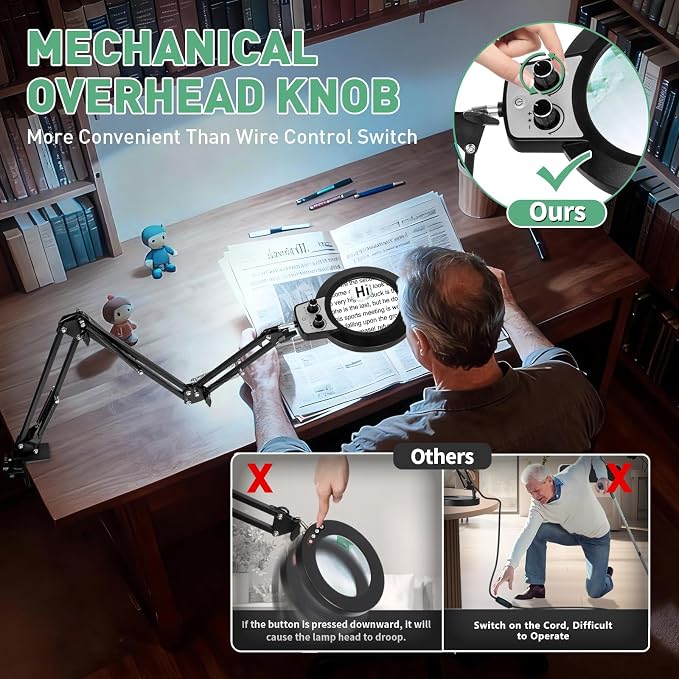 Magnifying Glass with Light, Overhead Knob Magnifier Lamp 12X 30X | 35in Adjustable Arm For Craft Repair Sewing Workbench Close Work, LED Magnifying Light Real Glass Stepless Dimming and Color