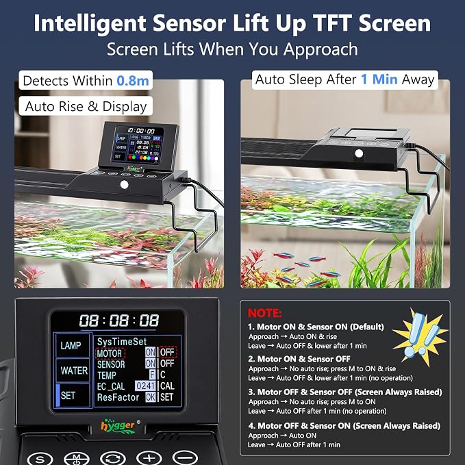 hygger 30W Smart Aquarium LED Light with Water Monitor for 24-30 Inch Tanks | Auto Lift-Up TFT LCD Screen, Temperature Monitor, Water Quality Monitoring, Full Spectrum Lighting, Intelligent Control