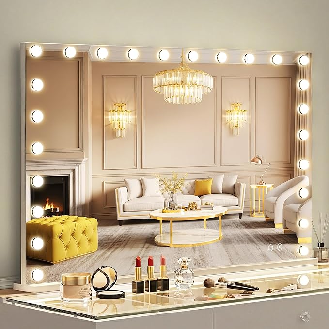 FENCHILIN Vanity Mirror with Lights 47'' x 35'' Tempered Glass Super Large Hollywood Mirror with 24 Dimmable Bulbs for Makeup Table/Hanging Bluetooth Speaker Mirror with Touch Screen & USB Charge Port