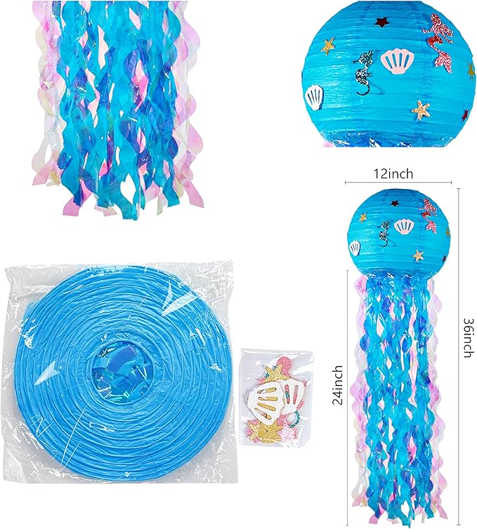 12" Blue Jellyfish Lanterns - Mermaid Birthday Decorations, Under the Sea Party Supplies, Ocean Theme Hanging Jellyfish Decor for Classroom, Nautical Events, and Underwater Adventure (Set of 6)