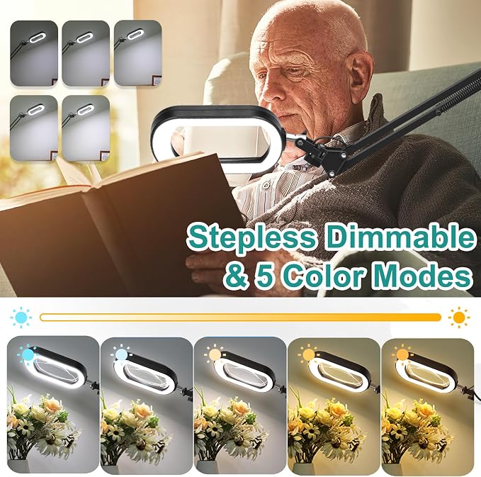 IVMAIE 12X Large Magnifying Glass with Light, Real Glass, 5 Color Modes Stepless Dimmable Magnifier with Stand, LED Lighted Clamp Desk Lamp with Swing Arm, Hands Free for Reading Crafts Close Work