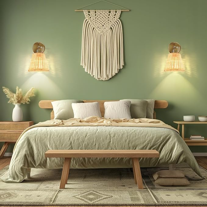 Frideko Rattan Rechargeable Battery Operated Wall Sconces Set of Two with Remote, 3 Colors Dimmable Wireless Wall Light, 5200mAh Indoor Wall Lamp with 4 Timer, Boho Sconces Wall Lighting for Bedroom