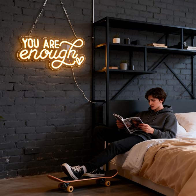 You Are Enough Neon Sign, Self Love Neon Light with Floral Decor, Motivational Wall Art for Bedroom, Therapy Office Decor, Mental Health Awareness Gift, USB Dimmable (16.5"x8.3")