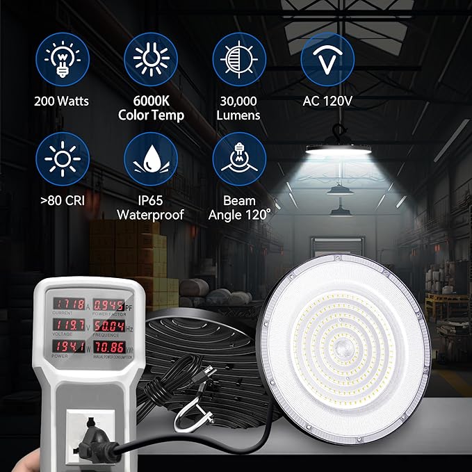 UFO Led High Bay Light 200W(800W MH/HPS Equiv.), 30000lm, 6000K Daylight High Bay Led Light with 5' Cable US Hook, IP65 Waterproof Commercial Light Fixture for Warehouse Workshop Barn Factory
