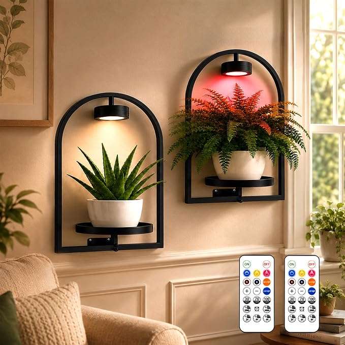 2 Pack Plant Wall Shelf with Grow Light, Wall Mounted Hanging Planter Shelf | Wall Plant Holder with Remote Control LED Plant Light, Floating Indoor Plant Shelf for Bedroom Living Room Apartment Boho