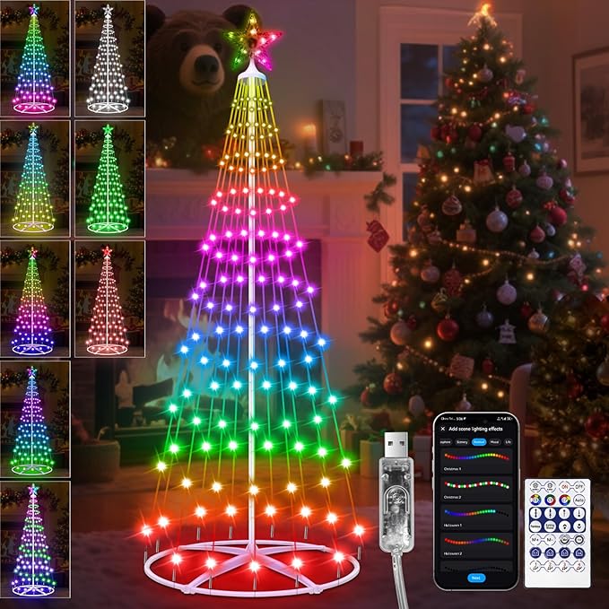 4FT 130LED Smart Christmas Tree Lights, USB Powered Christmas Cone Tree Lights with App Control, Color Changing DIY Music Sync & Timer Outdoor Christmas Tree for Yard Front Porch Xmas Decoration