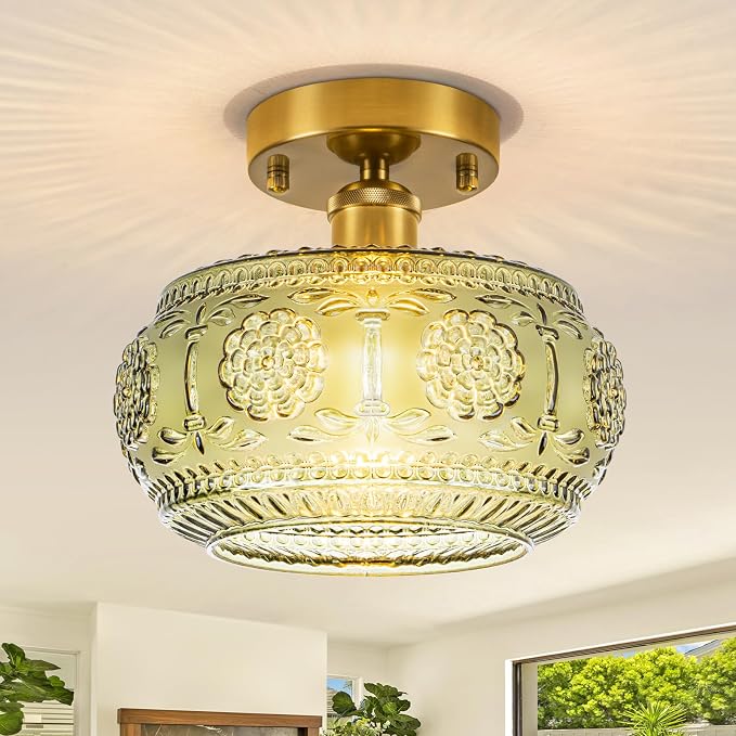 Semi Flush Mount Ceiling Light Fixture - Brass & Gold Floral Design, Green Glass Shade, Vintage Modern Lighting for Kitchen, Bathroom, Entryway (Bulb Not Included)
