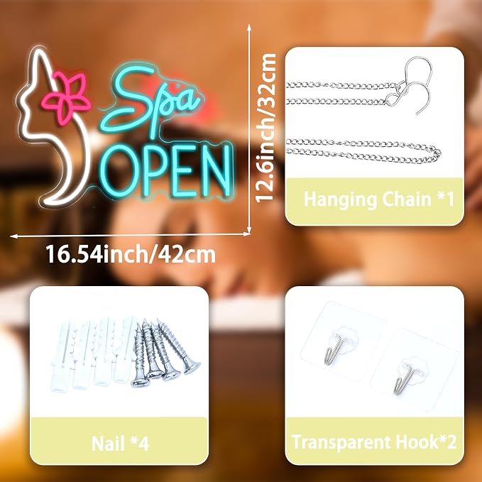 Spa Open Neon Sign for Wall Decor Adjustable Usb Powered Beauty Salon Led Light Sign 16.54’’*12.6’’ Open Neon Light for Salon Bar Hair Salon Make Up Lashes Nail Decoration