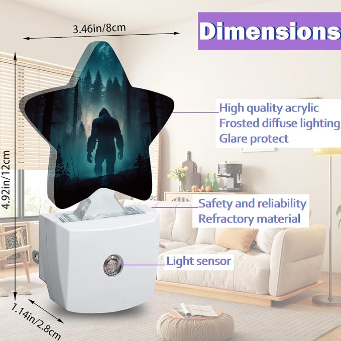 Bigfoot Night Lights Plug Into Wall,Fantasy Forest Dusk to Dawn Light Sensor Night Light for Kids, Energy Efficient Sleep Friendly Lamp for Bedroom Bathroom Nursery