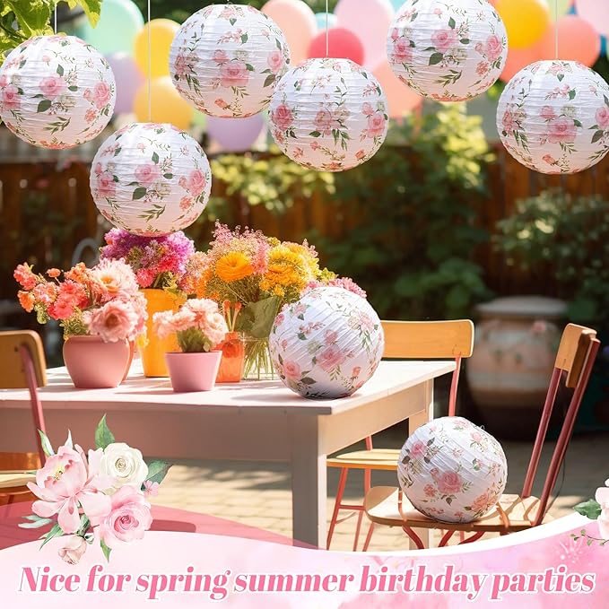Honoson 12 Pcs Floral Paper Lanterns Party Decoration Wildflower Sakura Flower Spring Tea Party Decoration 10 Inch Hanging Round Paper Lantern for Wedding Bridal Shower Favor(Pink,Wildflower)