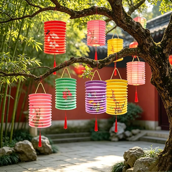 Chinese Japanese Paper Lanterns with LED Lights, 5 Pack, 6.3 Inch, Colorful, for Lunar New Year,Mid-Autumn Festival Decoration Spring Festival, Valentine Party Decorations