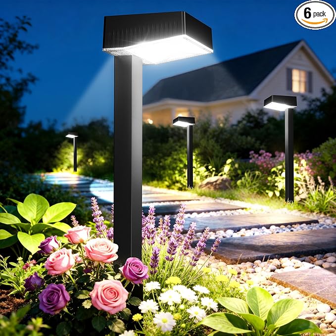 Solar Pathway Lights Outdoor, 6 Pack Garden Lights Solar Powered Path Lights with Larger LED Lens, 2 Light Modes Waterproof Outdoor Solar Light for Yard Driveway Walkway Landscape, Cool White