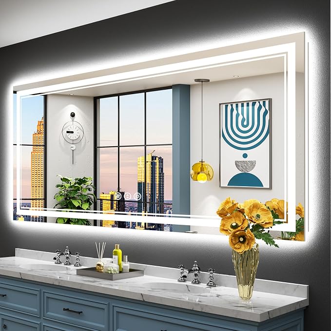 72x32 LED Bathroom Mirror, Backlit & Front Lit Lighted Mirror | Anti-Fog Vanity Mirror with Lights, 3 Color Dimmable, Memory, Shatterproof, Tempered Glass, CRI95, UL Listed, Wall Mounted