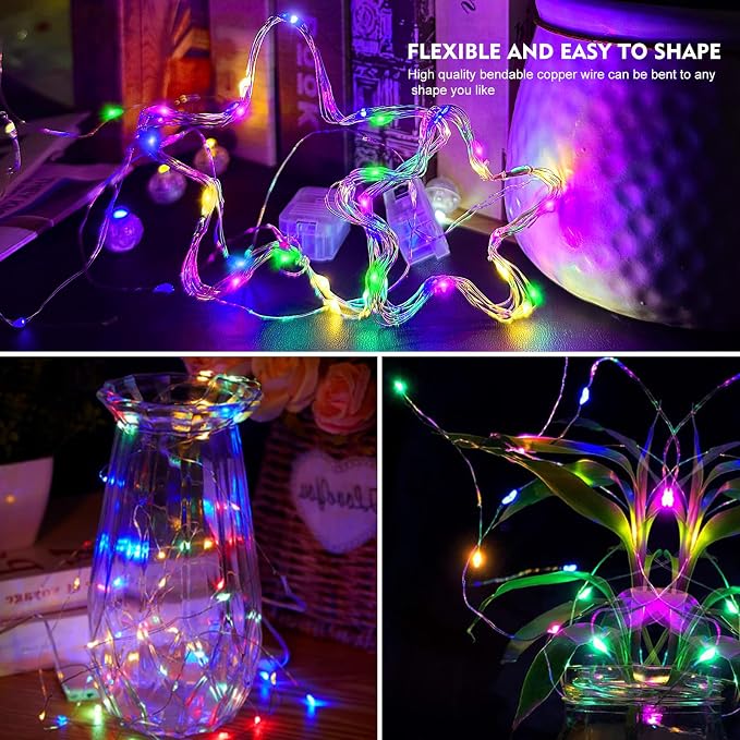 AIKEI 12 Pack Led Fairy Lights Battery Operated String Lights Waterproof Silver Wire 7 Feet 20 Led Firefly Starry Moon Lights for DIY Wedding Party Bedroom Patio Christmas Rainbow Color
