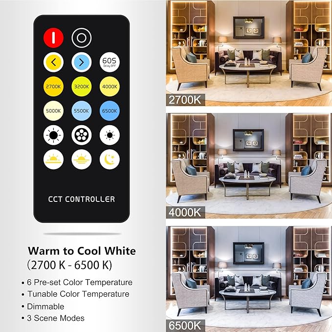CCT COB LED Strip Lights, 9.8ft Dimmable 2700K-6500K 24V Tunable White LED Light Strip Kit, High Density CRI 90+ LED Strips with Remote Controller and Power Supply, for Bedroom Kitchen Home Lighting