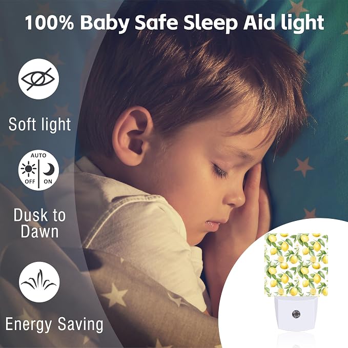 Lemon with Flowers Night Light, Fresh Lemon Fruits Floral Dusk to Dawn Night Light Plug in,0.5w Energy Saving Sleep Friendly Nightlights for Kids Boys Girls Home Decor