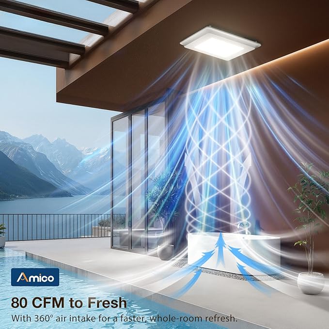 Amico Bathroom Exhaust Fan with Light, 80 CFM, 0.9 Sones, 1000LM, 5CCT, Easy Install, Ceiling Mount Shower Bathroom Fan, Adjustable Exhaust Vent with light, ETL & FCC Certified