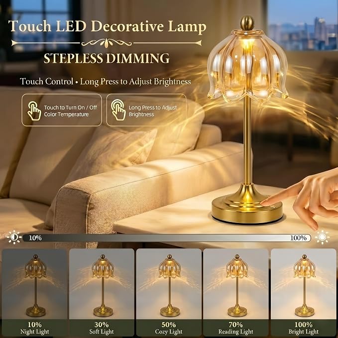 Set of 2 Vintage Cordless Amber Glass Tulip Table Lamps, Accent Light