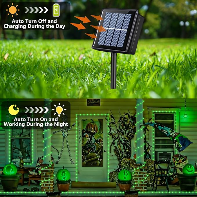 YEGUO Solar Halloween Lights, 2 Packs Each 33ft 100 LED String Lights Outdoor Waterproof, 8 Modes Fairy Lights in Clear Thin Tube for Camping Fence Patio Garden Trampoline Deck(Green)