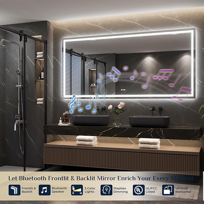 Keonjinn 84" x 40" Lighted Mirrors for Bathroom Wall with Bluetooth Speaker, Frontlit & Backlit LED Bathroom Mirror, Large Bluetooth Mirror Bathrooms, Tempered Glass, Dimmable3 Color Lights, UL-Listed