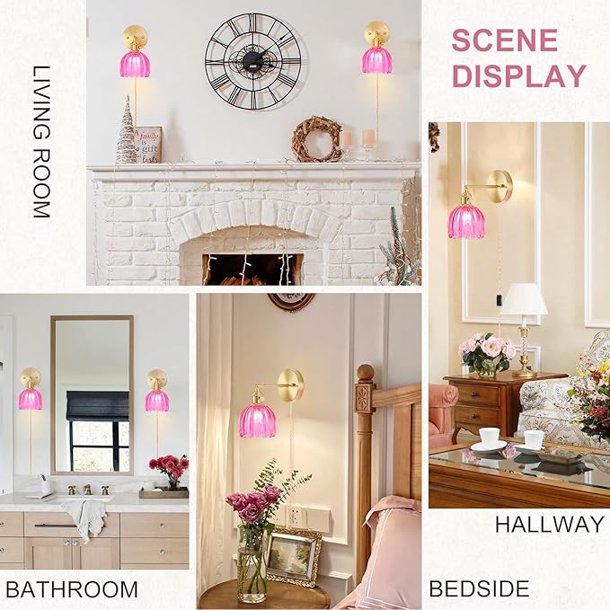 Plug in Wall Sconce, Vintage Sconce Light with Tulip Ruby Red Glass Lampshade, Bedside Wall Sconce with Switch and Plug in Wall Lamp Cord, Gold Wall Light for Bedroom