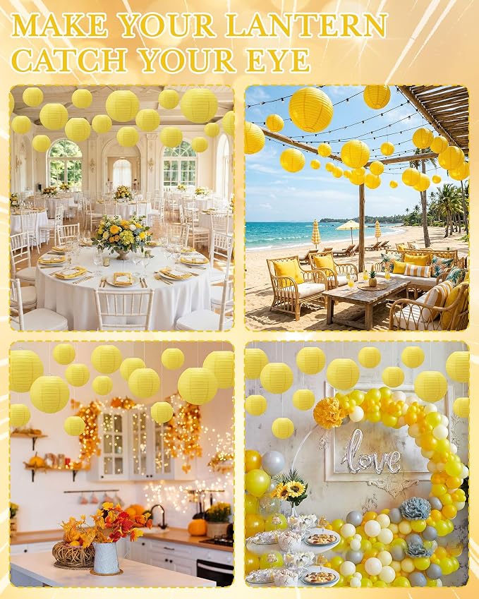 Treela 48 Pcs Paper Lanterns Party Decorations Round,Yellow | Chinese Hanging Lamps, Wedding, Party Supplies, Birthday Bridal, 4/6/8/10 Inch, Easy Setup, Asian Decor, Festive Atmosphere