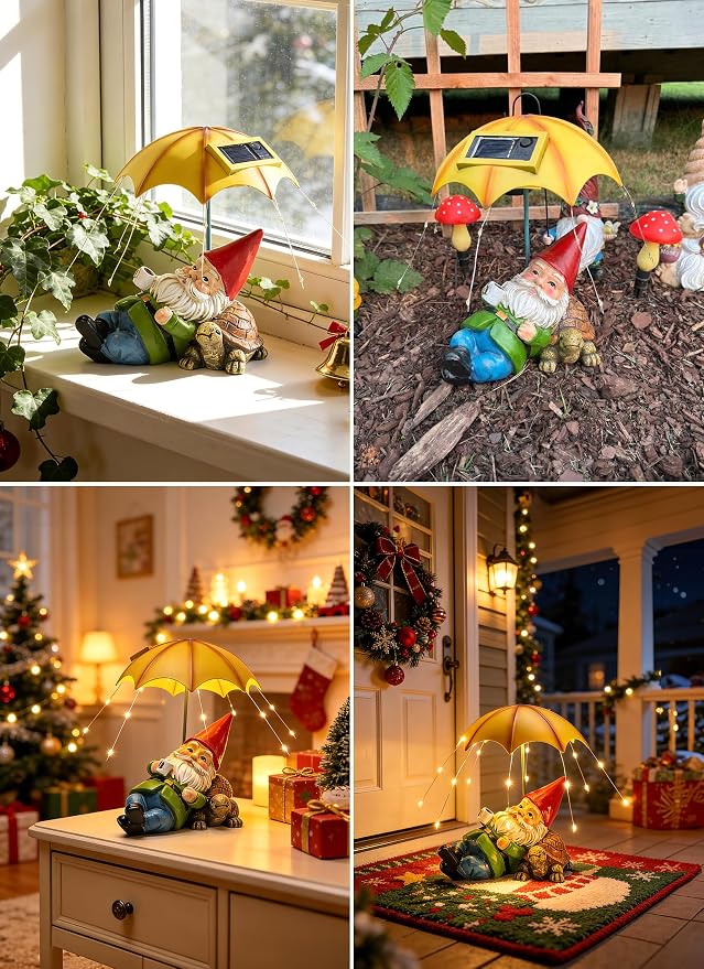 Brightown Solar Garden Decor Gnome Statue Light with 32 LED Lights, Gnome with Umbrella, Hand-Painted Resin, IP65 Waterproof Outdoor Decor for Patio, Balcony & Yard Decorations, Unique for Mom